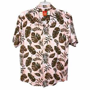Free Planet Men’s Large Hawaiian Shirt Pink Monstera Leaf Rayon Button-Up EUC